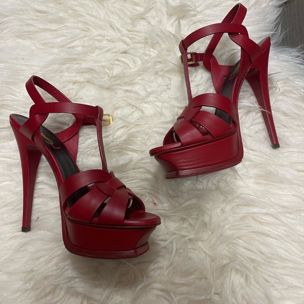 Saint Laurent Red Leather Platform Strappy Heels